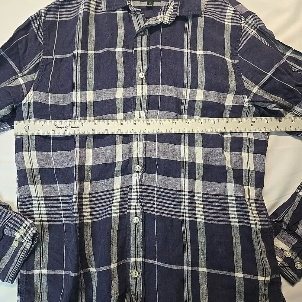 Banana Republic Button Up Shirt Mens Blue White Plaid Top M 100% Linen Western